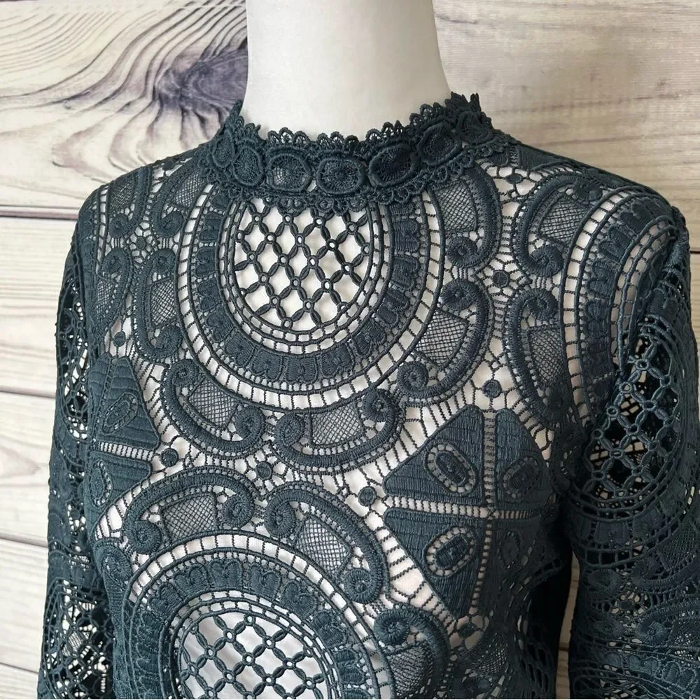 James Coviello Anthropologie Green Teal Crochet Lace Blouse